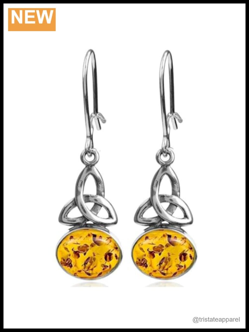 Honey Amber Sterling Silver Celtic Oval Dangle Earrings